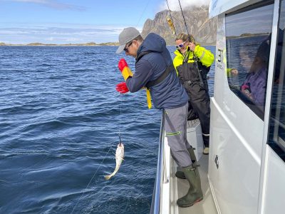 Gjester på fisketur og får fangst på fiskestangen.